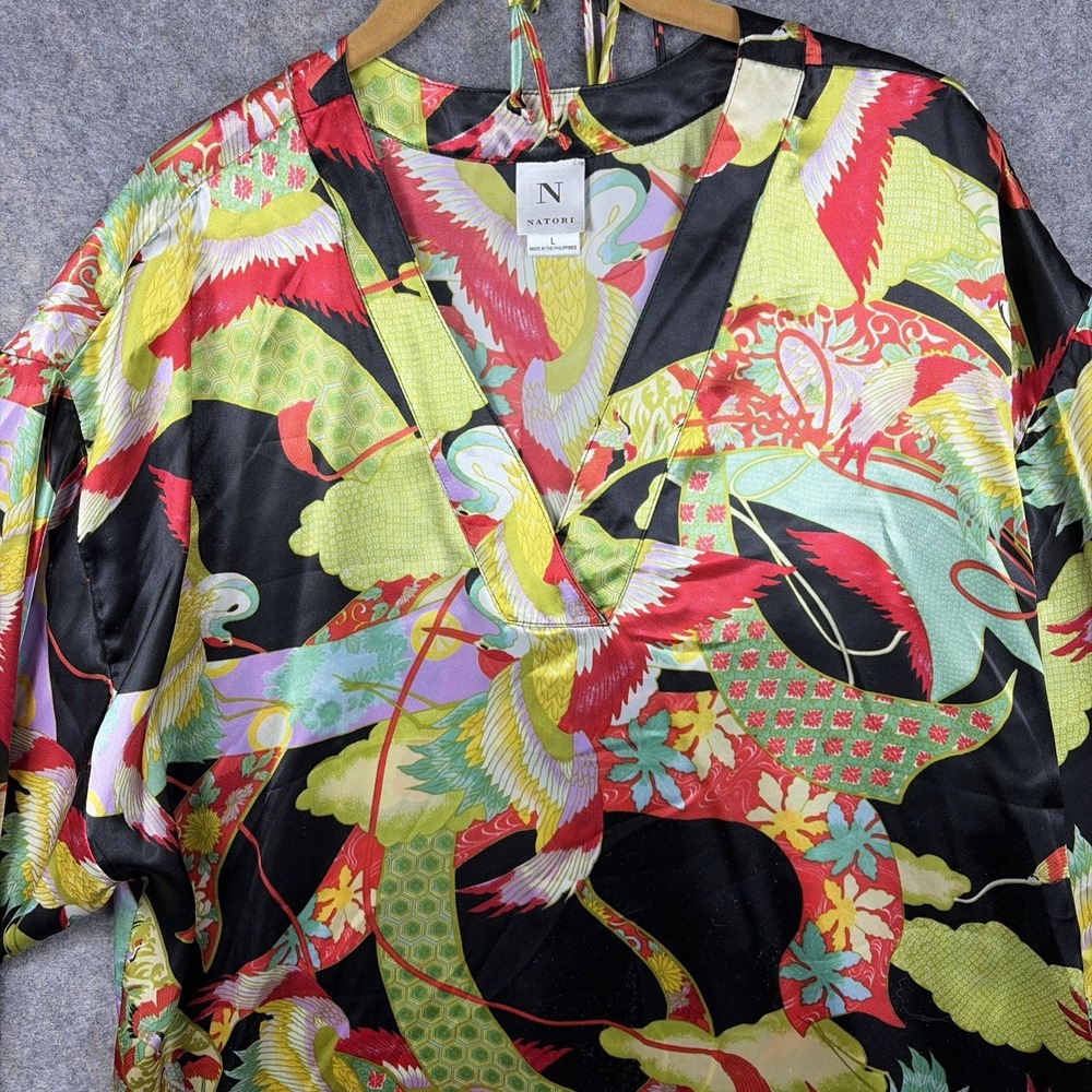 Natori Blouse Kimono V Neck 3/4 Sleeves Birds Pattern Medium - Picture 2 of 10